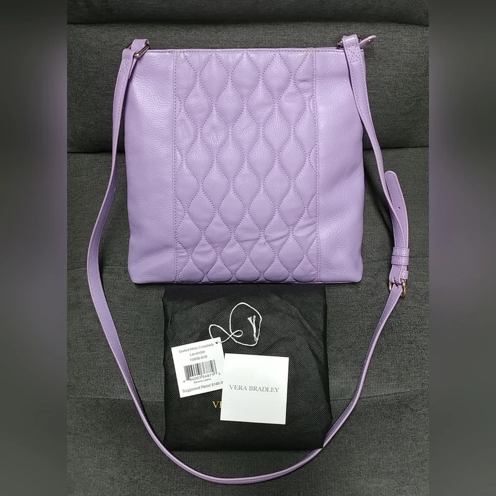 Vera Bradley Genuine Leather Quilted Molly Crossbody Lavender Purple Purse - Picture 3 of 16